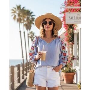 Chelsea & Theodore Floral Embroidered Chambray V-Neck Blouse Medium